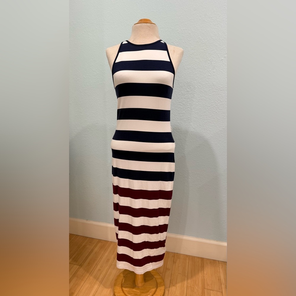 Ted Baker Sleeveless Striped Maxi Dress in Navy, Cream & Burgundy